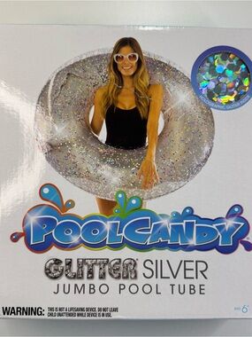 Pool Candy Inflatable 48 Inch Holographic Silver Glitter Jumbo Pool Tube Float